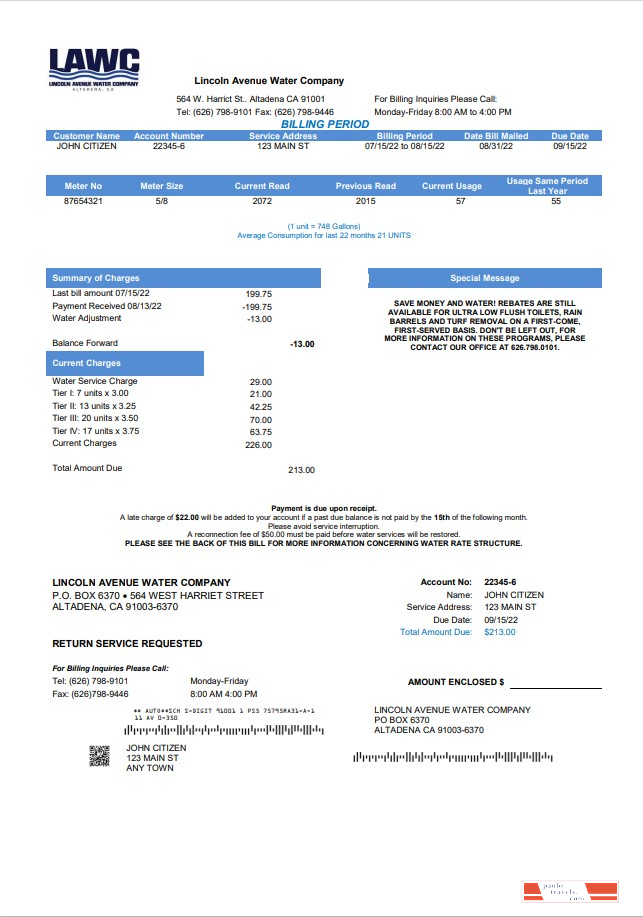 USA California Lincoln Avenue Water Company utility bill template in Word and PDF format